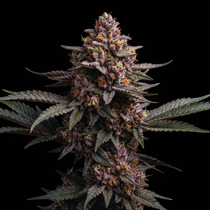 Female cannabis plant in flower: a main cola with purple tones, covered in resin and orange and white pistils.