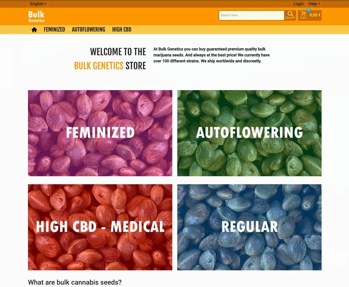 The Bulk Genetics homepage in 2020, with sections for feminized, autoflower, CBD and regular seeds